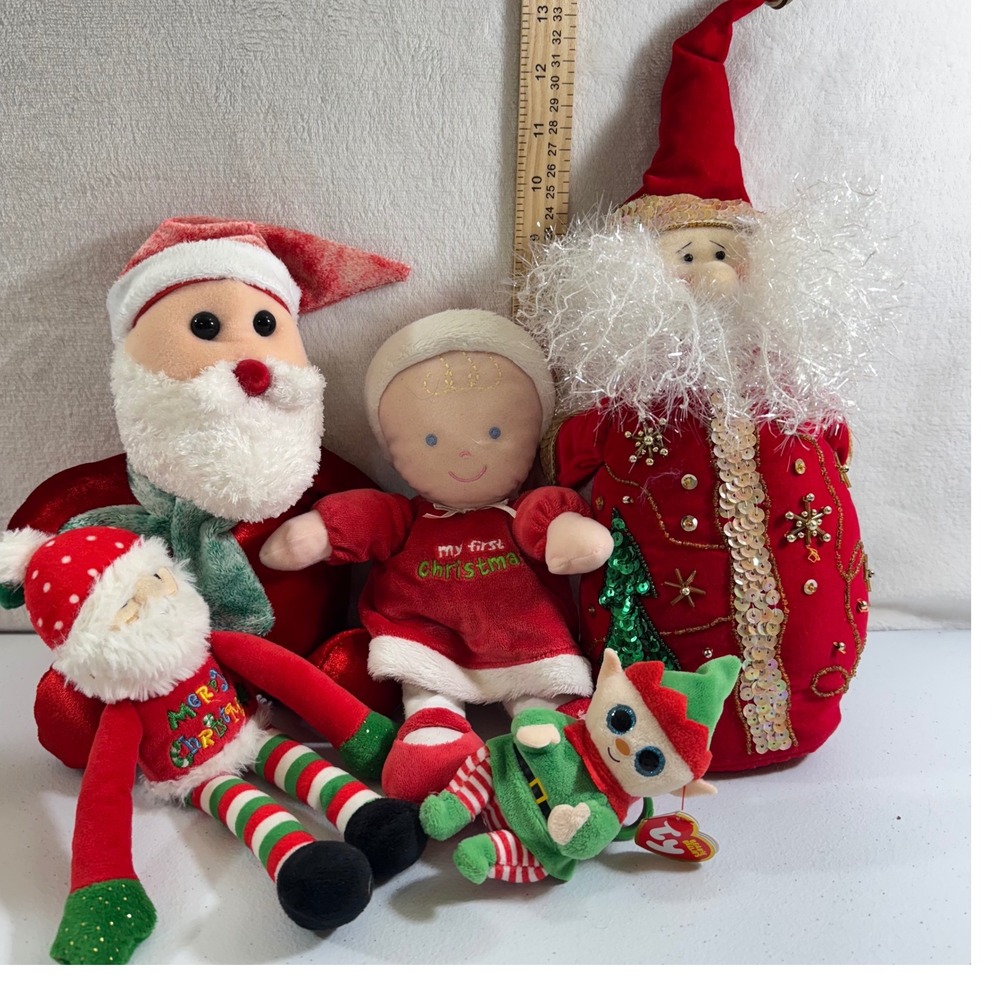 Lot of 5 Christmas Plush Toys Santa Elf‎ Baby Doll Holiday Decor